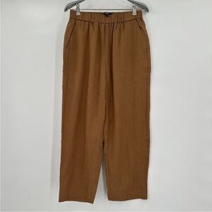 Quince Women's Golden Brown European Linen Pants sz L Relaxed Elastic waist